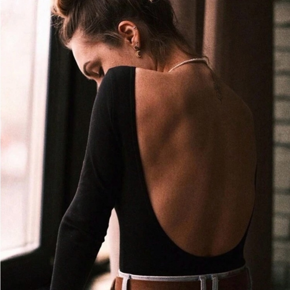 Elegant Black Backless Long Sleeve Thong Bodysuit